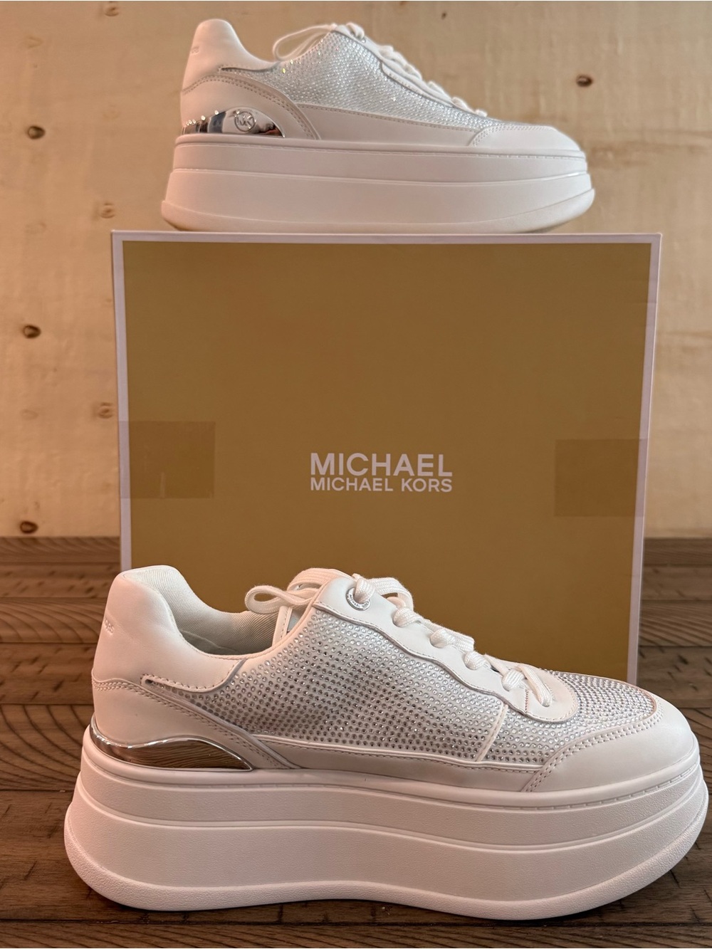 NWT Michael Kors Hayes Platform Lace-Up Sneakers Silver Sz 8.5